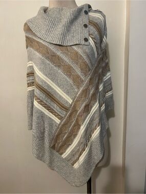 WHBM Cozy Grey & Tan Button-Shoulder Knit Poncho Sweater SZ XS